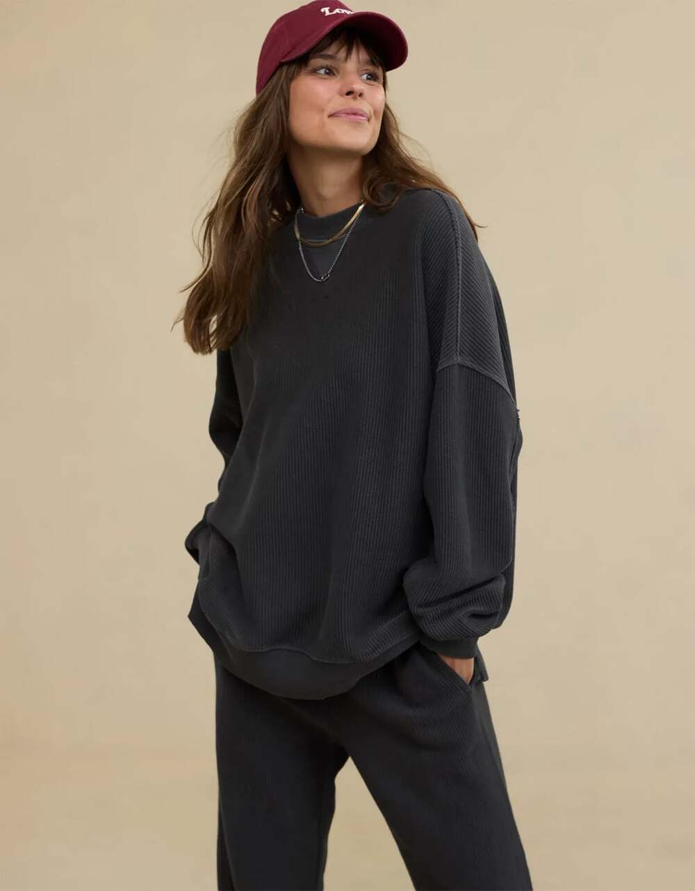 Aerie Sweatshirt Size S Black Waffle Textured Oversized Crew